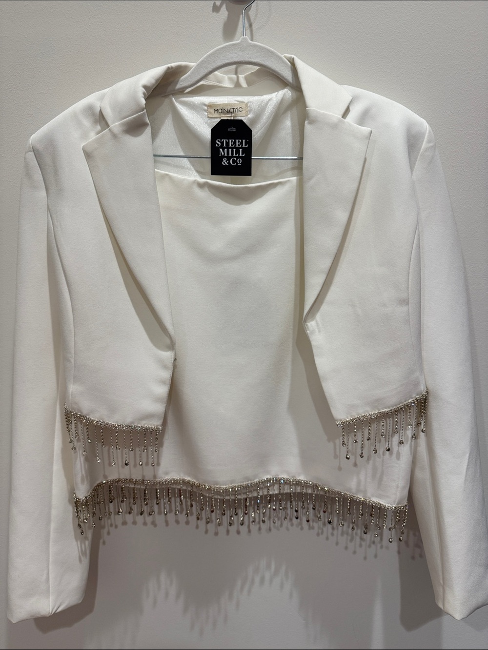 Main Strip White Cropped Blazer with Beaded Fringe
